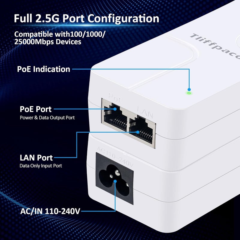 Tliffpaco PoE+ Injector 2.5Gb, Converts Non-PoE to PoE, 100/1000/2500Mbps and 802.3at/af Compliant, Plug & Play, Up to 100m(328 ft), 52V 30W PoE Adapter for IP Camera/IP Phone/Access Control System - Image 3